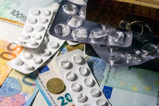 Kartëmonedha dhe monedha euro të shpërndara me fletë pilulash, duke theksuar shpenzimet shëndetësore.